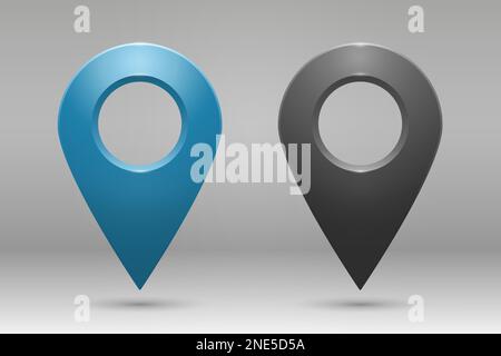 Una serie di icone di geolocalizzazione in blu e grigio su uno sfondo sfumato. Illustrazione Vettoriale