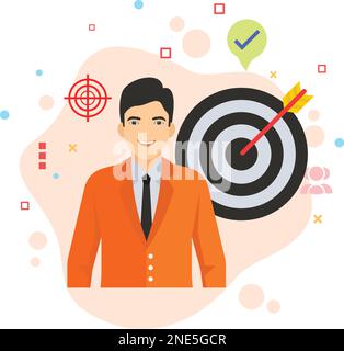 Dirigente con freccette e frecce, concetto di programma target dipendenti, simbolo hrm, freccette con design di icone a colori vettoriali del responsabile vendite nazionale, Illustrazione Vettoriale