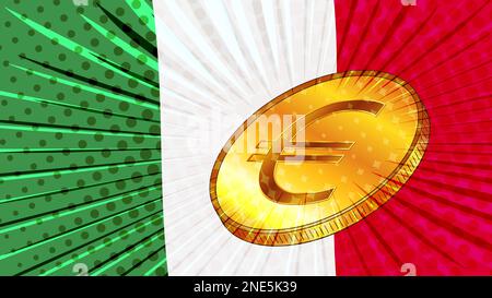 Bandiera Italia e moneta d'oro con segno di valuta Euro EUR. Concetto CBDC. Illustrazione vettoriale. Foto Stock