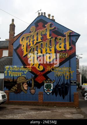 Murale di Fort Royal sul Mount Pleasant Inn, Worcester, Regno Unito Foto Stock