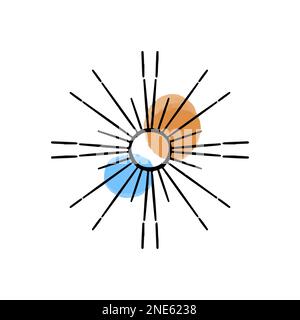 Illustrazione vettoriale di una mano astratta del sole disegnata in linea nera. Macchie colorate di vernice acquerello. Logo per isoterici, corpi celesti, astrologia. Illustrazione Vettoriale