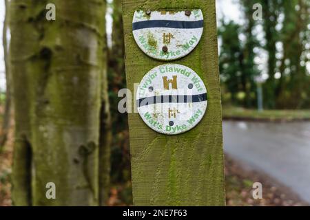 Cartello o segnavia sul sentiero a piedi della Wat's Dyke Way (gallese: Clawdd Wat) parte di un'antica terracotta costruita lungo il confine inglese gallese Foto Stock