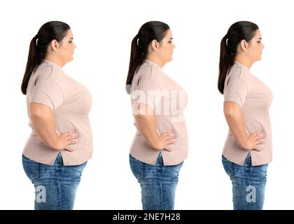 Donna prima e dopo la perdita di peso su sfondo bianco, collage Foto Stock