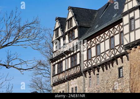 16 febbraio 2023, Sassonia-Anhalt, Falkenstein: Vista del castello di Falkenstein. Il castello di Falkenstein, nella regione meridionale di Harz, sta per essere sottoposto a numerosi lavori di costruzione. Anche la mostra sarà ridisegnata. Dei 200 milioni di euro che i governi federali e statali stanno fornendo in un programma speciale di investimenti per i monumenti architettonici di rilievo nell'inventario della Fondazione culturale Sassonia-Anhalt, il denaro è anche quello di fluire al castello di Falkenstein. Due ali sono da ristrutturare. Il piano e' quello di ristrutturare l'ala nord, dove si trova la Camera del Re, e l'ala ovest, che comprende Foto Stock