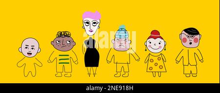set di diversi caratteri, vettore carino avatar. doodle personaggi cartoni animati di uomini e donne Illustrazione Vettoriale
