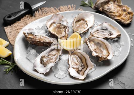 Deliziose ostriche fresche con fettine di limone servite su tavola di ardesia nera, primo piano Foto Stock