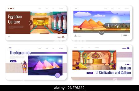 Cartoni animati con piramidi e templi nel deserto di sabbia. Set di landing pages con edifici architettonici dell'antico Egitto, piramidi, dei e vecchio palazzo con tesori. Illustrazione Vettoriale