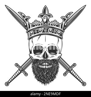 Cranio nella corona reale del re con baffi e barba e spada incrociata isolato su sfondo bianco illustrazione monocromatica Illustrazione Vettoriale