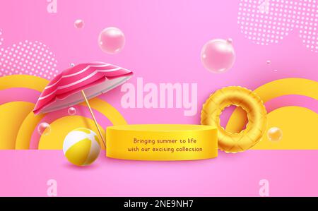 Design vettoriale podio estivo. Design di presentazione del prodotto estivo con elemento palcoscenico spiaggia. Visualizzazione della simulazione estiva con illustrazione vettoriale. Illustrazione Vettoriale