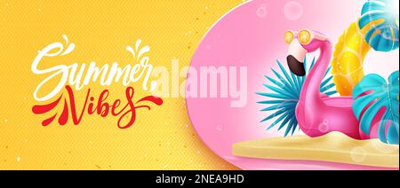 Disegno vettoriale delle vibrazioni estive. Testo delle vibrazioni estive nello spazio vuoto con elemento fenicottero sullo sfondo dell'isola. Modello estivo illustrazione vettoriale. Illustrazione Vettoriale