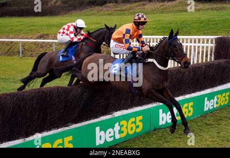 Voce di calma con Tom Bellamy jockey e Tune the Chello con Theo Gillard jockey (a destra) sgombrano una recinzione durante la visita racingtv.com Mares' handicap Chase all'ippodromo di Leicester, Oadby. Data immagine: Giovedì 16 febbraio 2023. Foto Stock