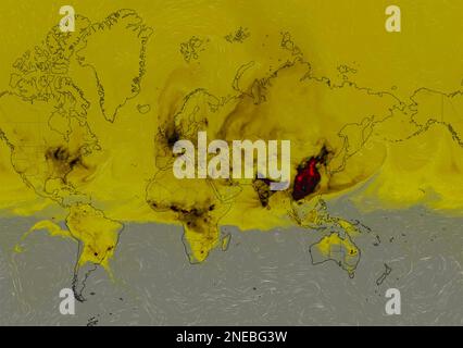 Dresda, Germania – 14 febbraio 2023: Mappa mondiale sul servizio web Windy Weather che mostra il picco giornaliero della concentrazione di monossido di carbonio nell'aria per una da Foto Stock