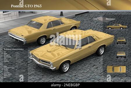 Computer grafica sulla coupé classica Pontiac GTO 1965. [Adobe InDesign (.indd); 5196x3248]. Foto Stock