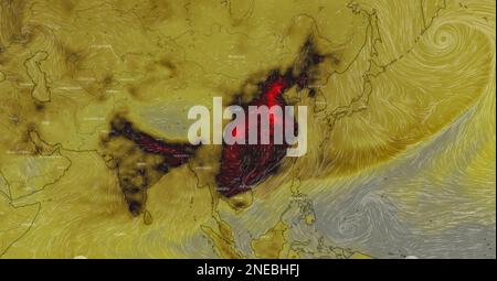 Dresda, Germania – 14 febbraio 2023: Mappa di Asia, India e Cina su Windy Weather web service che mostra il picco giornaliero della concentrazione di monossido di carbonio in Foto Stock