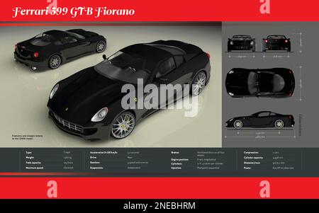 Infografica sulle caratteristiche tecniche e le dimensioni della coupé Ferrari 599 GTB Fiorano, modello 2006. [Adobe Illustrator (.ai); 5196x3248]. Foto Stock
