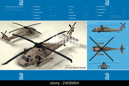 Computer graphics sulle specifiche tecniche dell'elicottero Sikorsky UH 60 Black Hawk, il primo modello fu costruito nel 1974. [Encapsulated Postscript file (.eps); 5196x3248]. Foto Stock