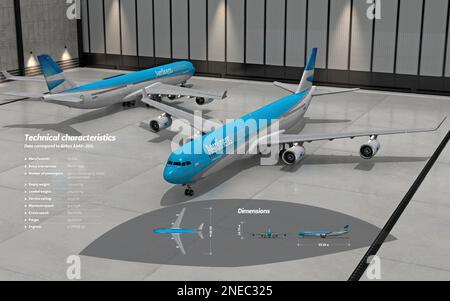 Computer graphics sulle specifiche tecniche e le dimensioni dell'aeromobile commerciale Airbus A340 200, che ha iniziato ad operare nel 1993. [Encapsulated Postscript file (.eps); 5196x3248]. Foto Stock