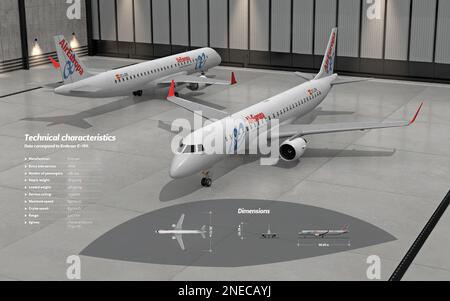 Computer graphics sulle specifiche tecniche del velivolo commerciale Embraer e-195, che ha iniziato ad operare nel 2004. [Encapsulated Postscript file (.eps); 5196x3248]. Foto Stock