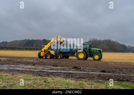 Coltivatore che sparge il concime di maiale e di vacca su campi usando macchine agricole su un campo di Norfolk Inghilterra Regno Unito Foto Stock