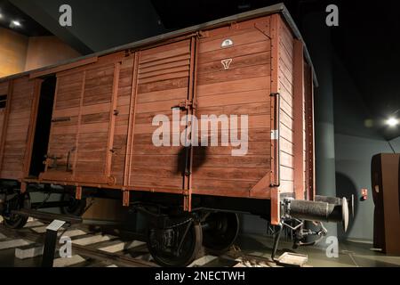 Danzica, Polonia, carrozza tedesca della prima guerra mondiale, utilizzata nel WW2 per trasportare cittadini polacchi deportati, prigionieri tra cui ebrei alla concentrazione Foto Stock