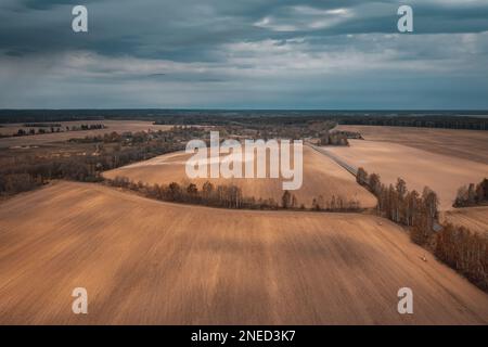 Splendidi campi in autunno dall'alto sotto il bel cielo. Bielorussia Foto Stock