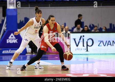 Belgrado, Serbia, 9 febbraio 2023. Patricia Bura di Croazia compete contro Tina Krajisnik di Serbia durante la partita femminile di qualificazione EuroBasket tra Serbia e Croazia presso la Ranko Zeravica Hall di Belgrado, Serbia. Febbraio 9, 2023. Credito: Nikola Krstic/Alamy Foto Stock