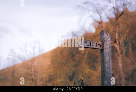 Vecchio stile rustico in legno pub cartello, su una passeggiata all'aperto natura visitando la tipica campagna britannica in autunno, vero e proprio pub birra, spazio testo Foto Stock