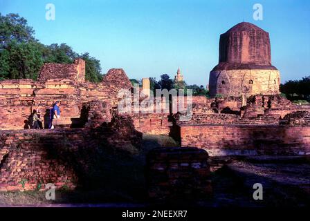 Scavi vecchie rovine presso la Stupa Dhamekh a Sarnath o Saranath vicino Varanasi, Uttar Pradesh, India, Asia, dove il Buddha predicò il suo primo Sermone Foto Stock