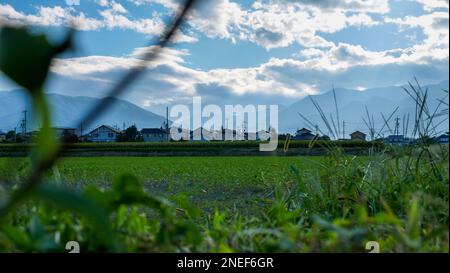 Vista sulle Alpi giapponesi e sulle fattorie di Matsumoto, Giappone. Foto Stock