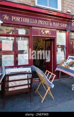 The Portobello Stampa & Mappa Shop. Un rivenditore di carte antiche e antiche, incisioni, stampe decorative. Portobello Road, Londra, Inghilterra, Regno Unito Foto Stock