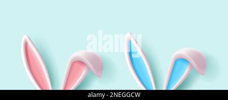 illustrazione di 3d orecchie conigliate con interni blu e rosa e orecchio ripiegato, set di stile per il rendering Illustrazione Vettoriale