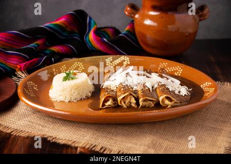 Enmoladas di pollo. Conosciuti anche come mole poblano enchiladas, sono un tipico piatto messicano che è molto popolare in Messico e nel resto del mondo. Foto Stock