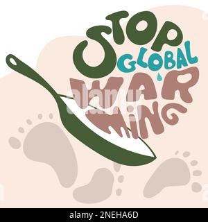 Concetto di illustrazione vettoriale con scritta STOP RISCALDAMENTO GLOBALE friggere in padella. Gli animali del cambiamento climatico muoiono. Emissioni urbane CO2, carbonio Illustrazione Vettoriale