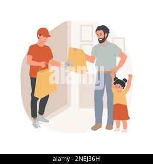 Wok consegna illustrazione isolata del vettore del cartone animato. Il tipo dal servizio di consegna del wok tiene le scatole di tagliatelle, la gente che attende per trasporto dell'alimento, stile di vita della famiglia, fumetto vettore gustoso di abitudini del pasto. Illustrazione Vettoriale