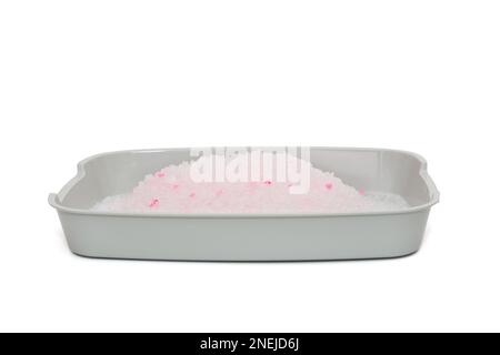 WC per gatti con riempitivo in gel di silice, isolato su fondo bianco Foto Stock