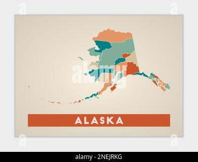 Poster dell'Alaska. Mappa dello stato degli Stati Uniti con regioni colorate. Forma dell'Alaska con il nome dello stato degli Stati Uniti. Interessante illustrazione vettoriale. Illustrazione Vettoriale