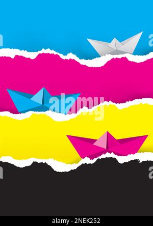 Barche di carta sulle onde della carta strappata, colori di stampa cmyk, modello di banner. Sfondo di carta colorato con colori di stampa. Vettore disponibile. Illustrazione Vettoriale