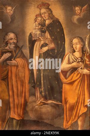 ALAGNA, ITALIA - 16 LUGLIO 2022: Il dipinto della Madonna con la S. Bartolomeo e St. Giovanni Battista nella chiesa di San Giovanni Battista Foto Stock