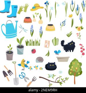 set di elementi giardinaggio, piantagione primaverile, fiori primaverili, attrezzi da giardinaggio. Illustrazione Vettoriale