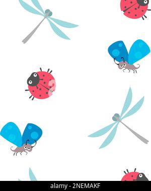 Insetti da giardino, libellula, coccinella e mosca. Ripetizione senza giunture Illustrazione Vettoriale