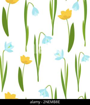 Fiori primaverili, tulipani gialli e nevicate. ripetizione senza giunture Illustrazione Vettoriale