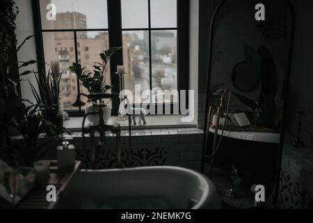 Colori nativi aspetto di forme organiche del bagno con grande finestra ovale vasca da bagno in toni terreni neutri. Piante di palma verde candele gorgoglibeble leasure e rel Foto Stock