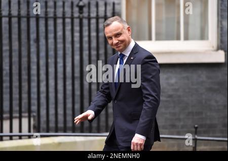 Londra, Regno Unito, 16th febbraio 2023. Il presidente polacco ANDRZEJ DUDA arriva al 10 di Downing Street per incontrare il primo ministro britannico RISHI SUNAK. Credit: Thomas Krych/Alamy Live News Foto Stock