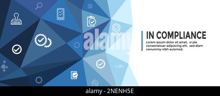 Nel banner dell'intestazione Web Compliance con un set di icone che mostra un'ispezione superata da un'azienda Illustrazione Vettoriale