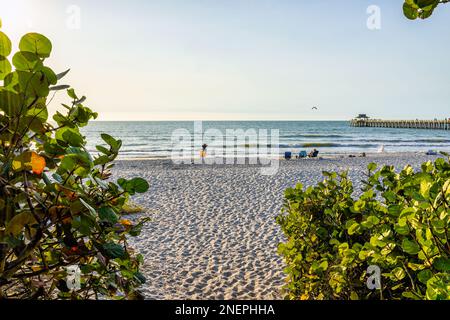 Centro storico di Napoli, Florida, con il famoso molo di pesca al tramonto nel golfo del Messico come molo di legno con la gente prima dell'uragano Ian Foto Stock