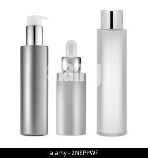 Realistico mockup per bottiglie cosmetiche. Dispenser a pompa vuoto per crema, sapone o gel. Design del contenitore per contagocce per siero, set per la raccolta della pelle. Bottiglia di shampoo Illustrazione Vettoriale
