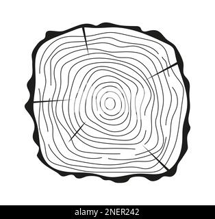 Il tronco d'albero taglia il vettore nello schizzo disegnato a mano. Corteccia di albero con crepe, segato pino circolare. Anelli di legno dell'albero. Fettine di quercia, simbolo del legname. Illustrazione Vettoriale