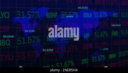 Immagine delle statistiche e dell'elaborazione dei dati finanziari sulla mappa mondiale Foto Stock