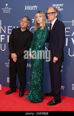 (Da sinistra a destra) Kazuo Ishiguro, Aimee Lou Wood e Bill Nighy partecipano all'evento Newport Beach Film Festival UK Honours, al Londoner Hotel, nel centro di Londra. Data immagine: Giovedì 16 febbraio 2023. Foto Stock