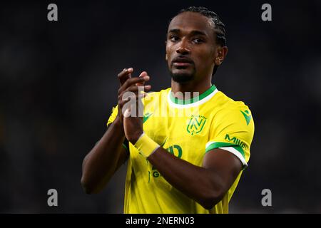 Torino, Italia. 16 febbraio 2023. Samuel Moutoussamy del FC Nantes si accampa alla fine della partita di calcio della UEFA Europa League, partita a calcio della prima serie tra Juventus FC e FC Nantes. Credit: Nicolò campo/Alamy Live News Foto Stock